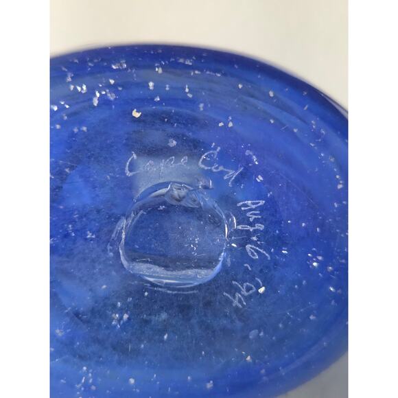 1994 Signed Blue Art Glass Vase 5.5" Cape Cod Studio Silver Foil Accent Signed - Picture 9 of 10